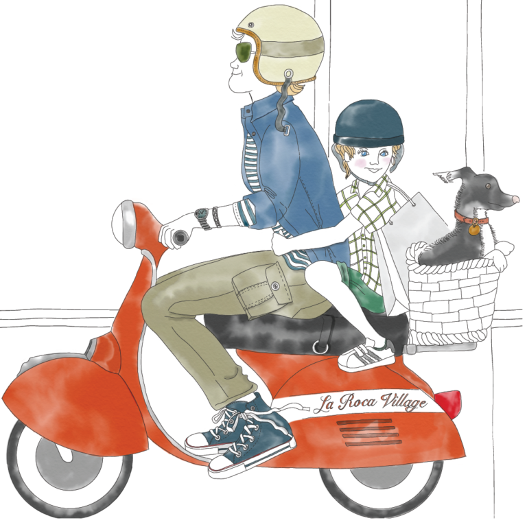 hand drawn watercolour illustration for La Roca Village: Father and son with dog on a red Vespa