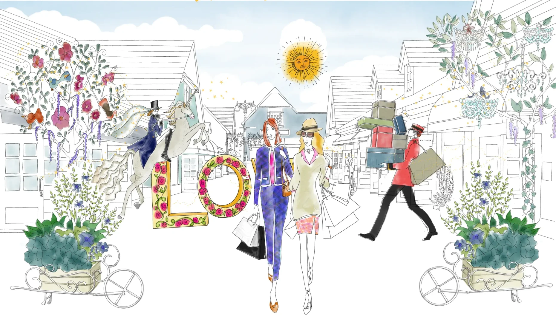 Bicester Village magical illustration, with unicorn