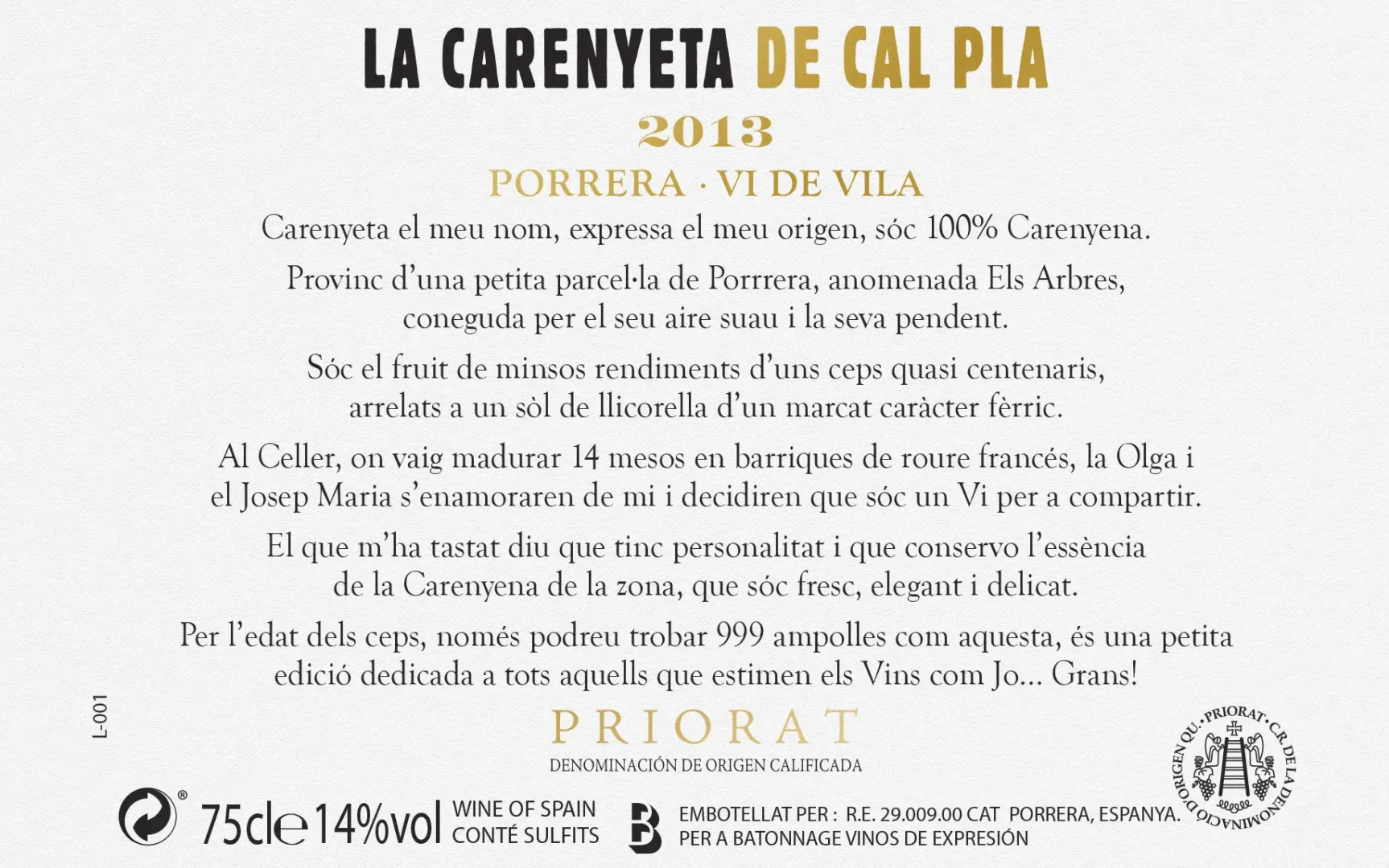 Carenyeta de Cal Pla-label design including illustration- back