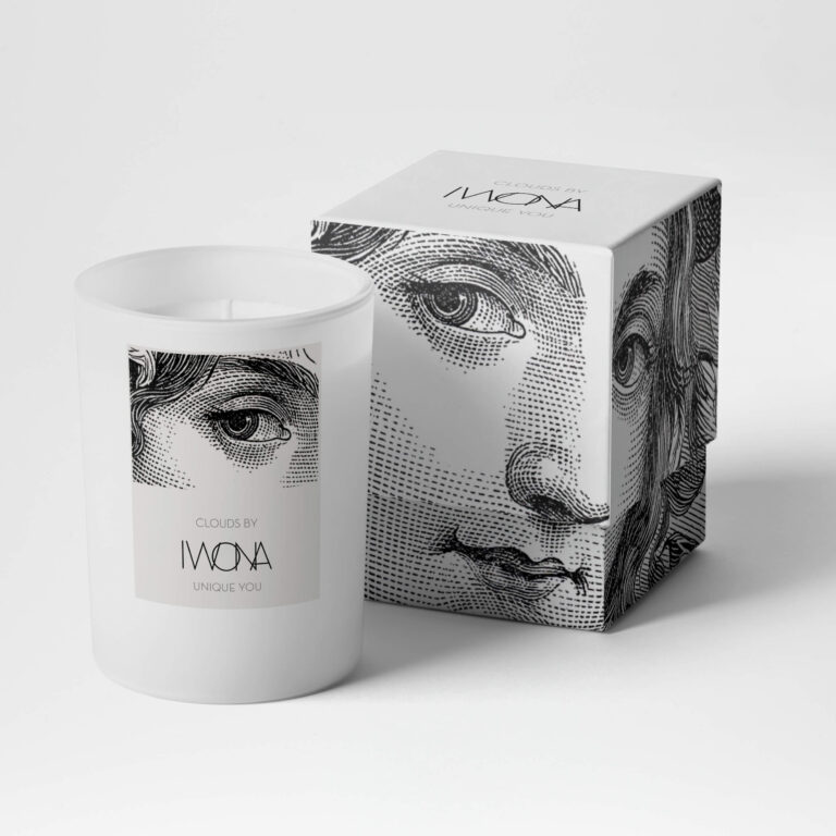 Candle soap packaging design for cosmetologist in barcelona, featuring a close up of a woman's engraving