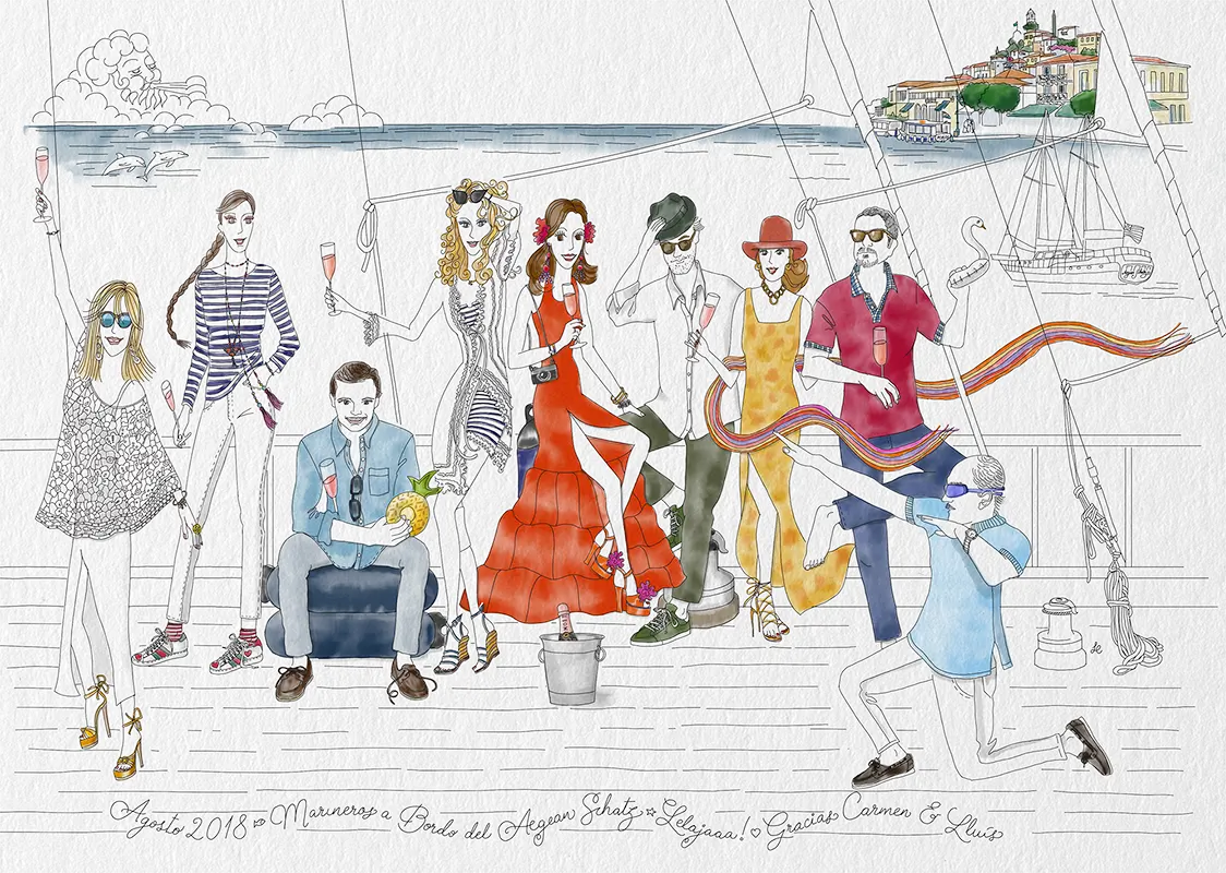 watercolor illustration of group of friends on a sail boat