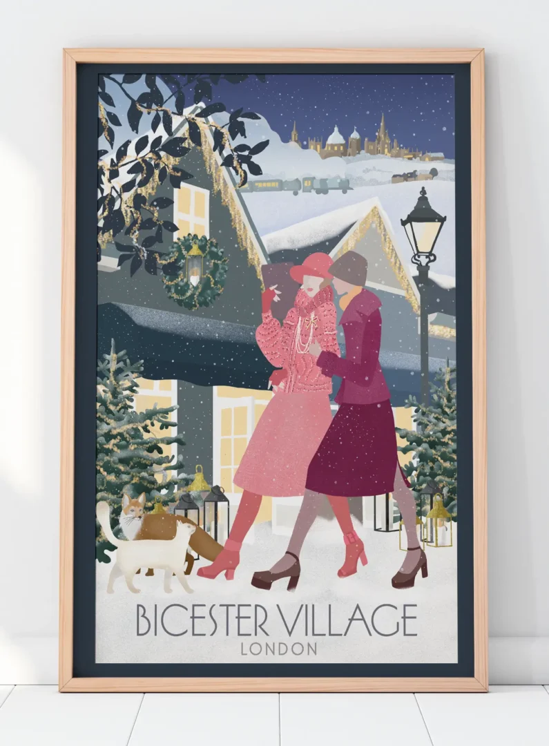 Vintage travel posters for value retail's Bicester Village collection. Design and illustration