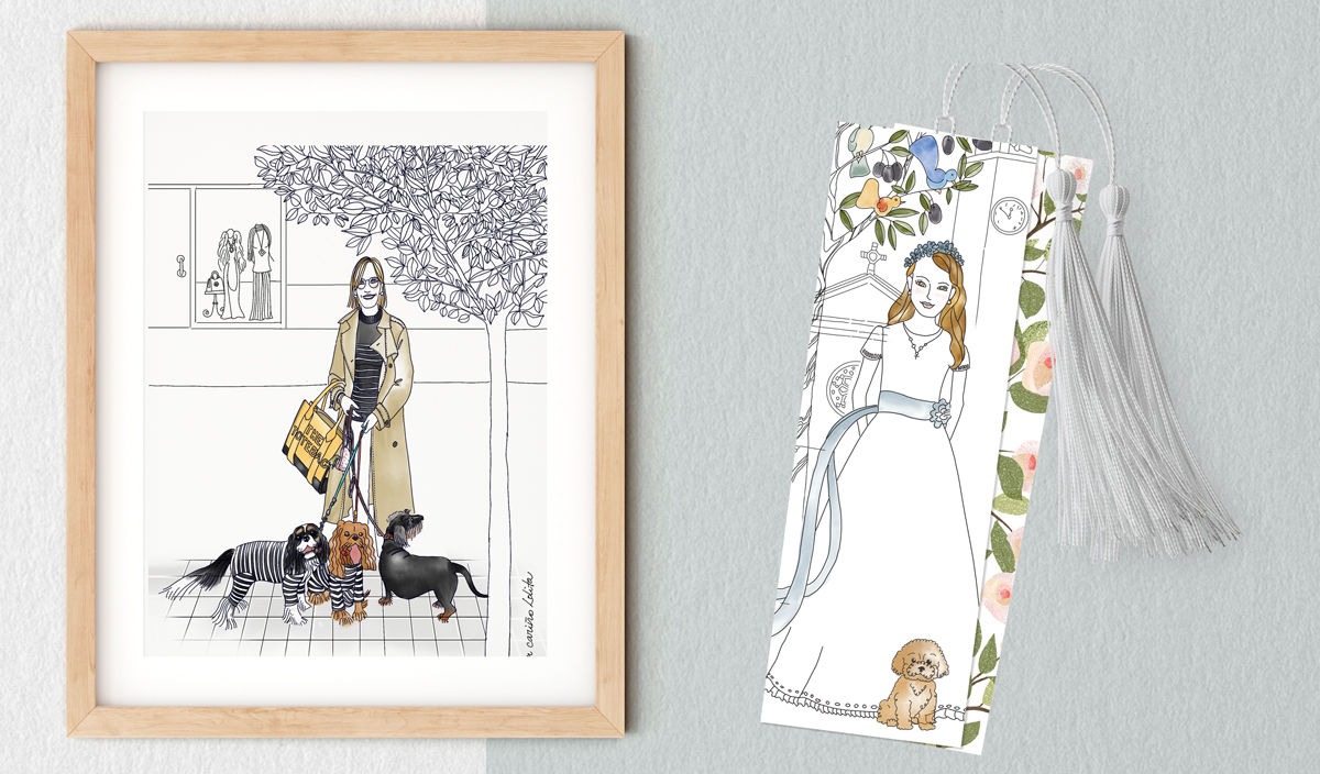 product mock up of framed illustration and printed bookmarks