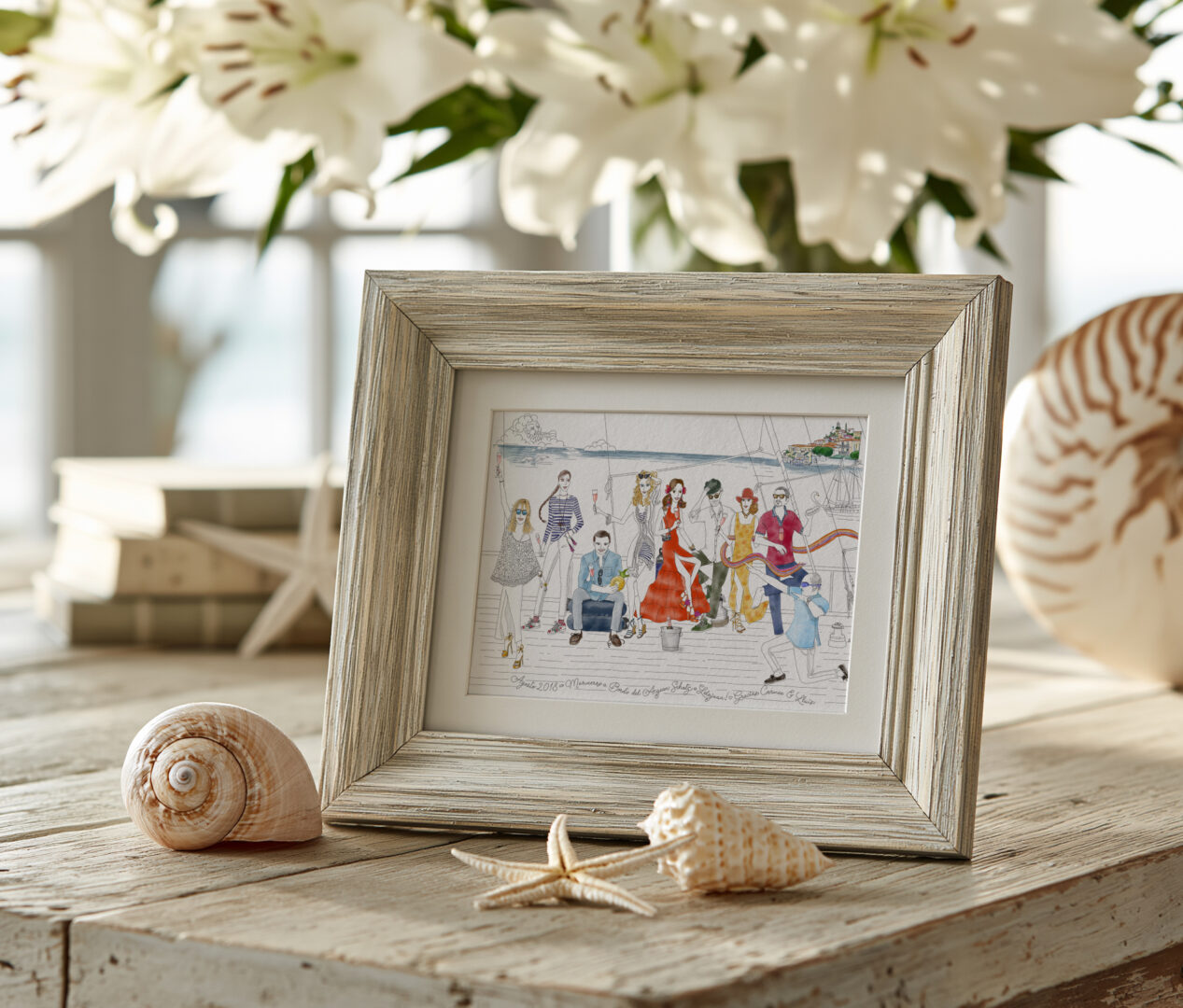 framed illustrated story by Lolita Cortes depicting a group of friends on a Cruise in Greece. The image contains many little details, from the clothes they were wearing, the gestures, the particular objects to the champagne they drank while aboard.