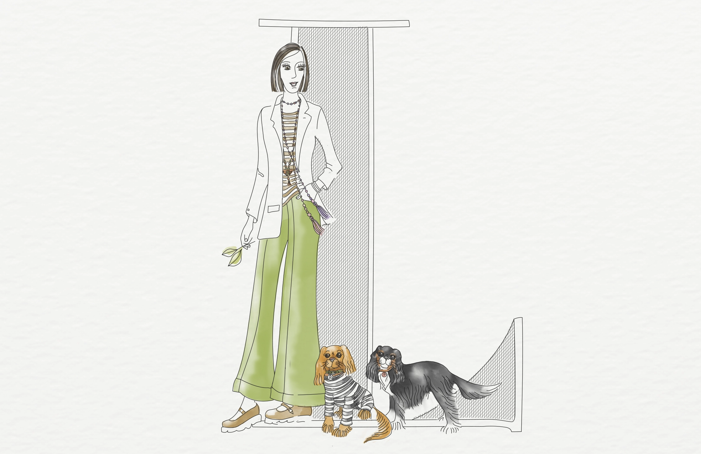 Illustrated woman with two dogs for Lolita Cortés, creative director specialising in design, packaging and illustration in Barcelona.
