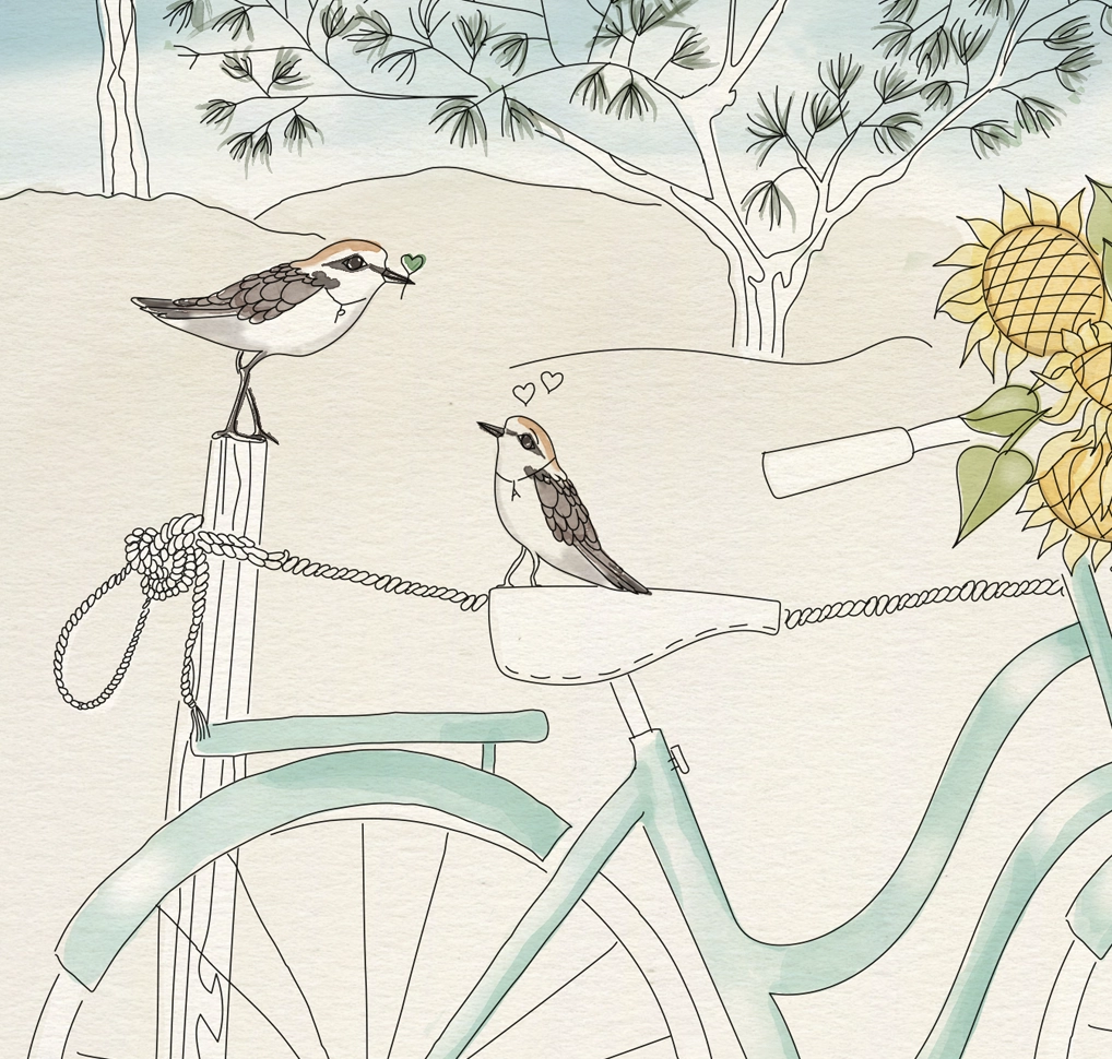 Detail of hand-illustrated portrait showing two little birds inlove with each other custom portrait illustration