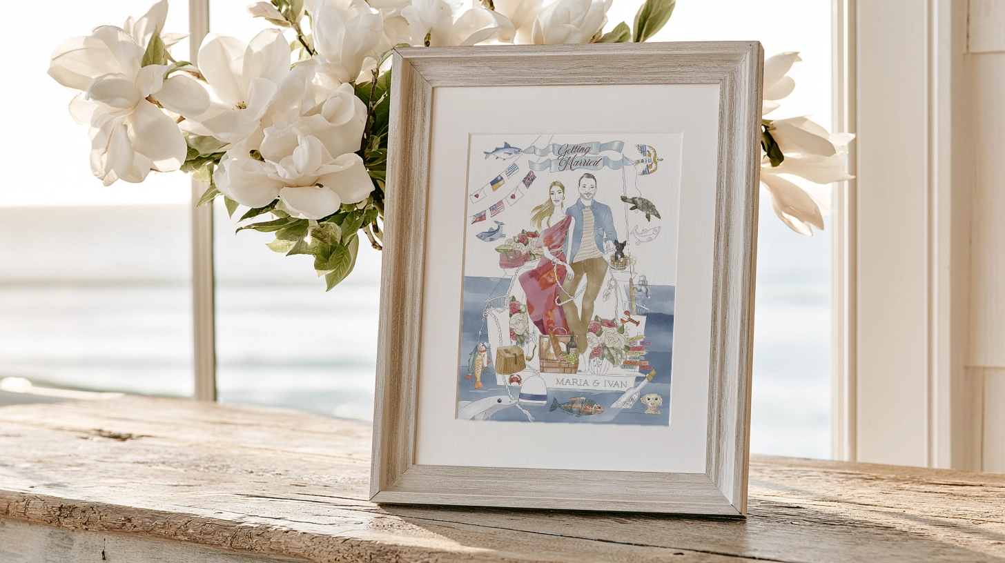 : Framed custom engagement invitation illustration of a couple on a fishing boat, dusty pink and terracotta watercolour, navy sea background, hand-drawn by Lolita Cortés