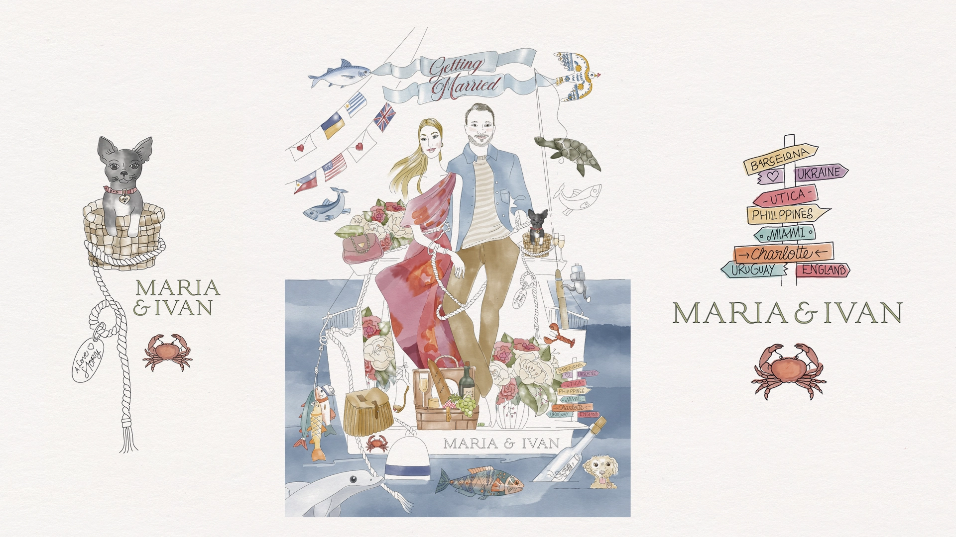 Detail crop of hand-illustrated engagement invitation showing pet portrait dogs Romeo and Luna, dusty pink florals and terracotta crab