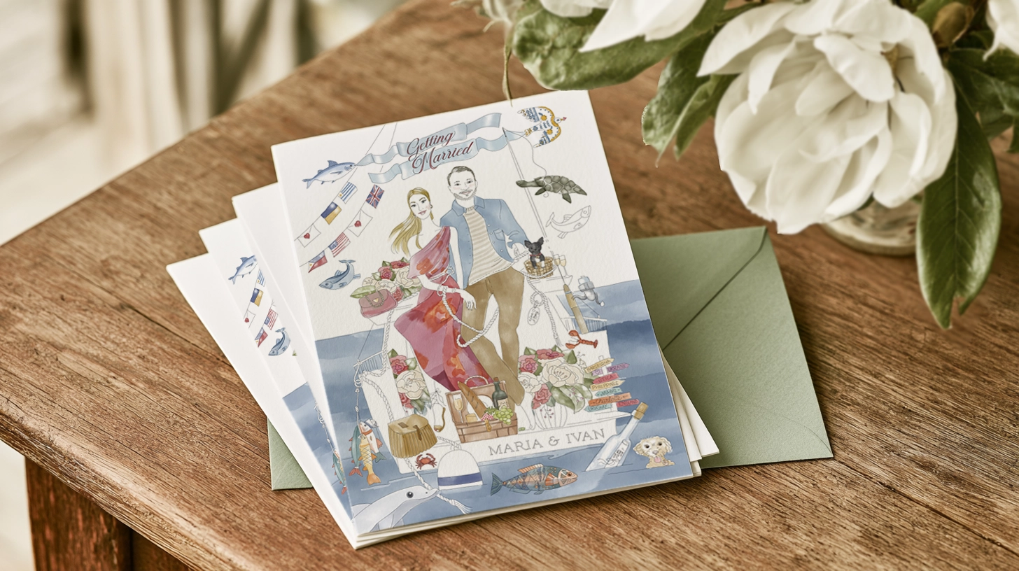 Engagement luncheon invitation suite in olive green and ivory, two illustrated invitation cards, tasselled bookmark and green envelope
